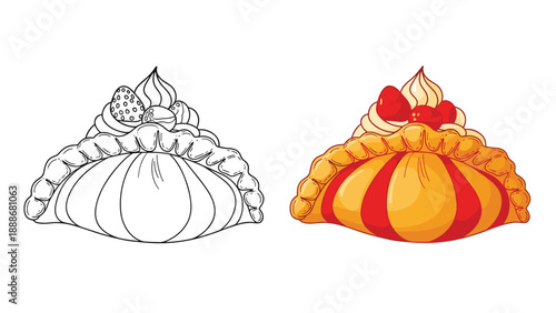 Delicious pastry dessert illustration with whipped cream and strawberries shown in both outline and colored versions.