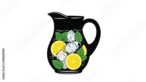 Stylish black pitcher filled with refreshing water ice cubes lemon slices and green mint leaves for summer drinks.