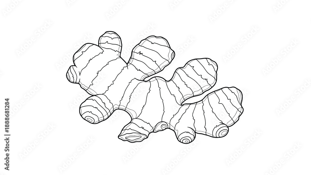 Fototapeta premium Intricate line drawing of a ginger root specimen showcasing its unique organic shapes and natural textures in a clean black and white style.