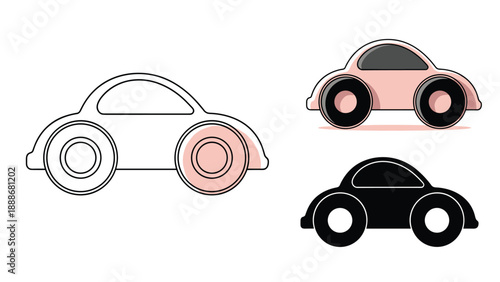 Minimalist car icon set featuring three distinct styles including a thin line outline, a pink colored version, and a solid black silhouette.
