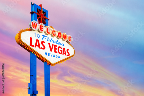 Las Vegas, Nevada, United States of America. 01-15-2026 Welcome to Fabulous Las Vegas Neon Sign With Sunset Beautiful Cloudy Sky