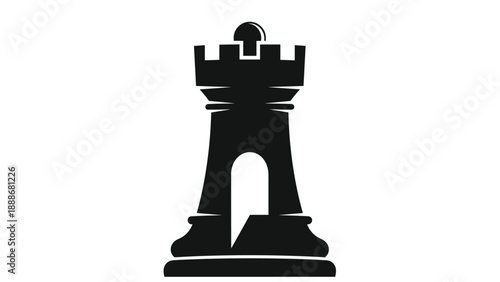Creative black silhouette of a chess rook piece featuring a clever speech bubble or comment icon cutout integrated into its central body.