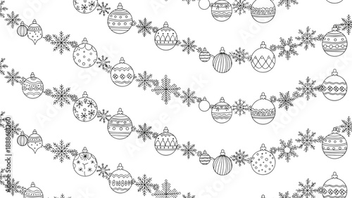 Festive seamless pattern of Christmas baubles and snowflakes arranged in wavy garlands on a white background.