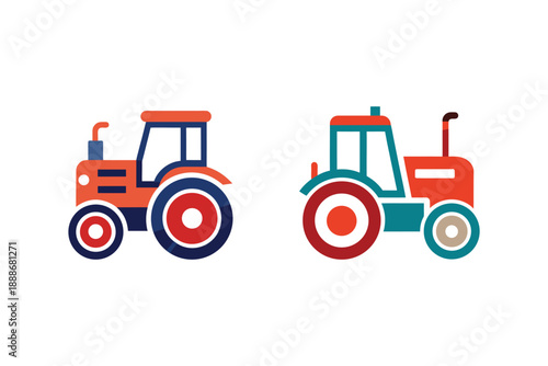 Two cartoon tractors in different styles with red, blue, and teal colors on a white background