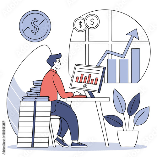 Man analyzing financial data and tracking business growth with digital charts.