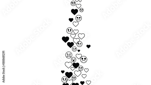 Vertical stream of social media icons including various heart shapes and expressive emojis rising upwards on a clean white background.