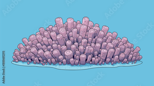 Detailed illustration of a large colony of tube corals or sea anemones rising from the seafloor in a vibrant underwater ocean environment.