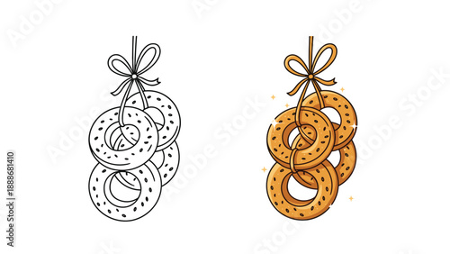 Set of five bagels or pretzels hanging on a string with a bow presented in both a simple line art and a warm colored textured version.