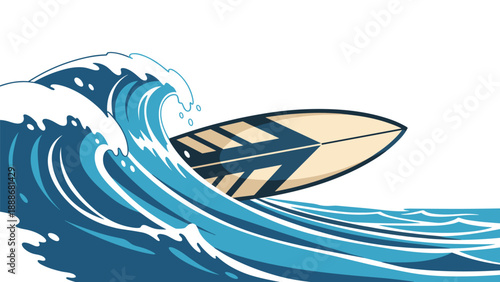 Dynamic illustration of a surfboard riding the crest of a large powerful ocean wave with blue water and white foam for a surfing theme.