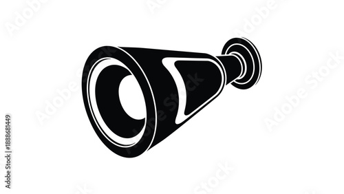 Solid black silhouette of a classic megaphone or bullhorn shown in a perspective view for communication and public speaking concepts.