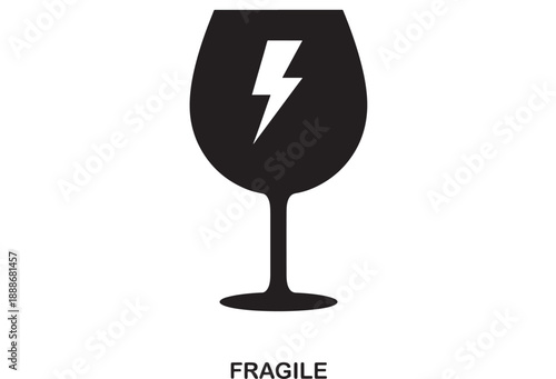 Black fragile shipping symbol icon with lightning bolt inside wine glass on white background, flat design, warning sign