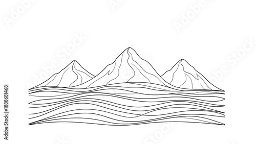 Minimalist black and white line drawing of three mountain peaks with clean contours and no shading for a simple landscape design.