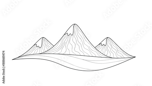 Detailed line drawing of three snowy mountain peaks above wavy horizontal lines representing water or terrain for an artistic landscape.