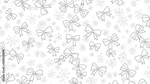Seamless background pattern of hand drawn black bows and tiny snowflakes on a white field for winter holiday wrapping paper and textiles.