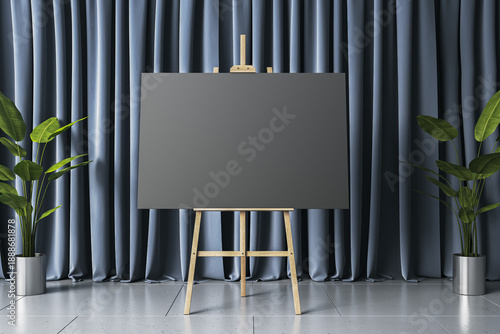 Blank black canvas on wooden easel with dark curtains and potted plants in modern interior room setup for art presentation or design display. 3D Rendering