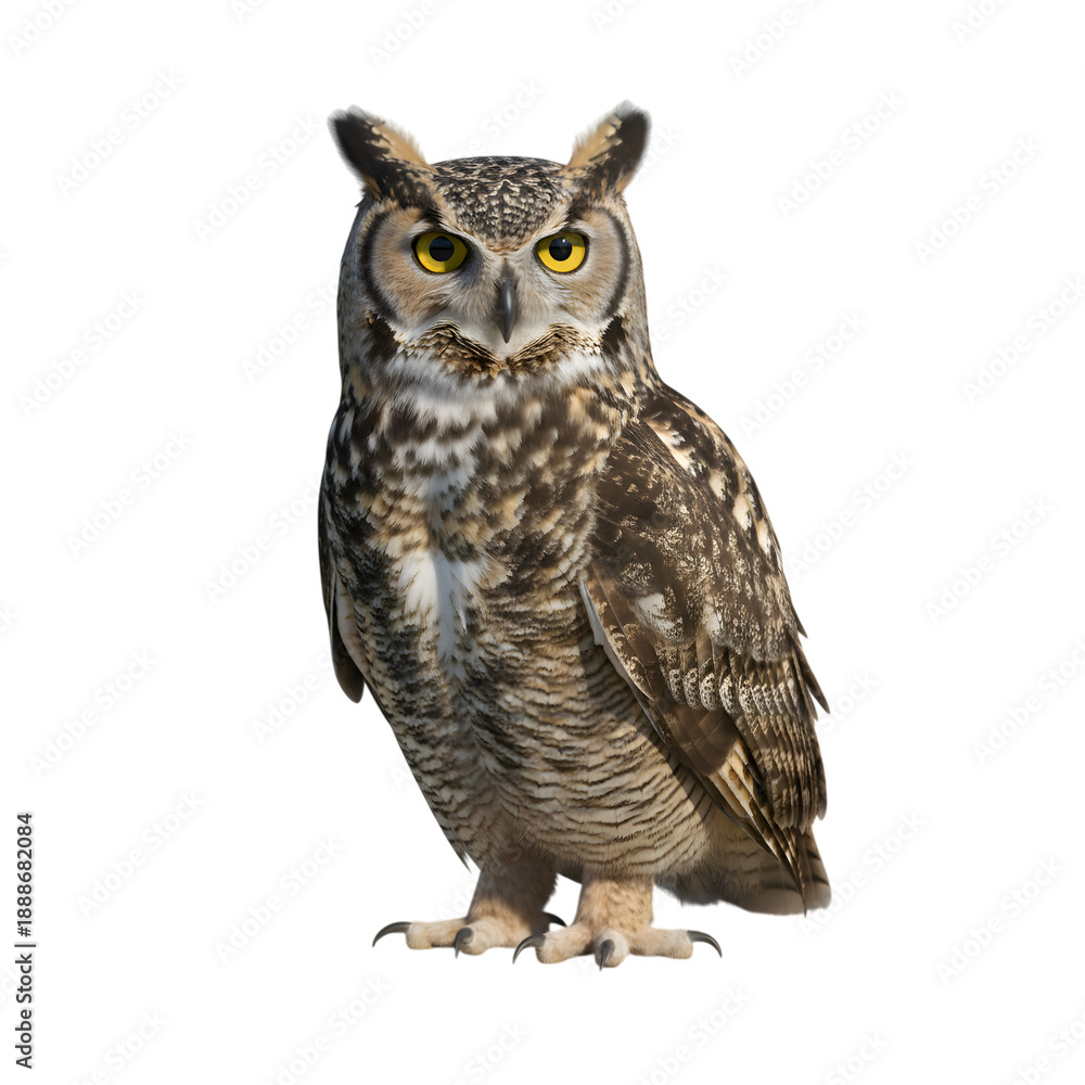Obraz premium Great horned owl portrait with detailed feathers and piercing eyes isolated on transparent background