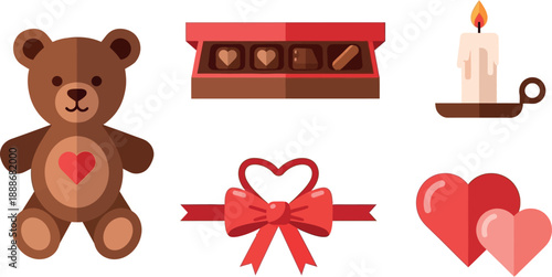 A brown teddy bear with a red heart on its chest, chocolates, candle and hearts with a ribbon, symbolizing love