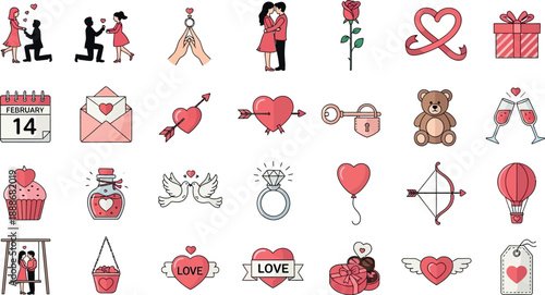 Valentine's Day icons feature couples, hearts, gifts on February 14th