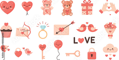 A colorful illustration of various Valentine's Day themed icons and symbols on a white background with Feb love.