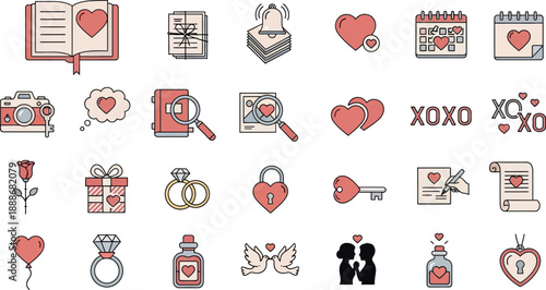 Collection of cute heart-themed icons for Valentine's Day on white background 