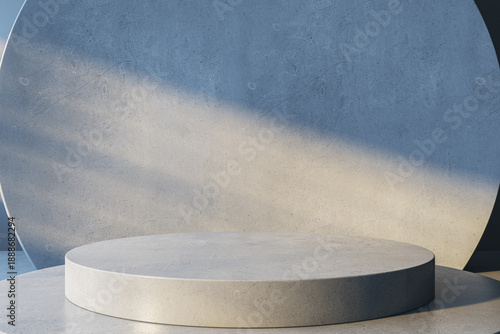 Minimalist concrete podium platform with soft sunlight and shadow on abstract wall background for product presentation or branding scene template. 3D Rendering