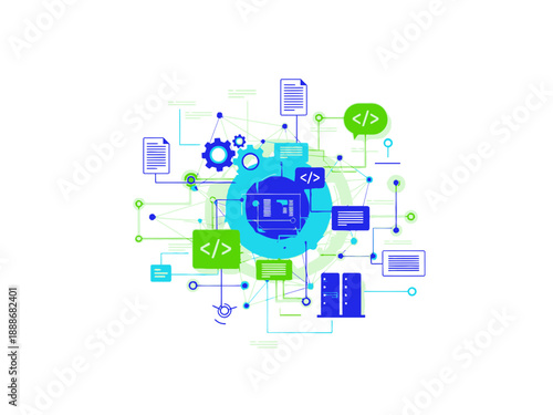 Digital graphic elements interconnected via lines and symbols, surrounding a central blue circle, representing technology and data flow.