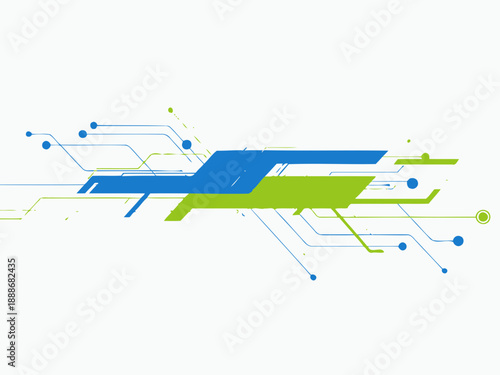 Futuristic circuit board design with neon blue and green lines on a clean digital landscape, viewed from a sleek top-down perspective via RJ ImageFX