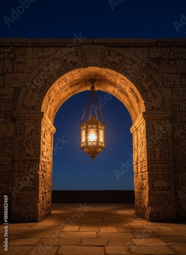 A glowing lantern hangs from an ornate stone archway under a starry night sky