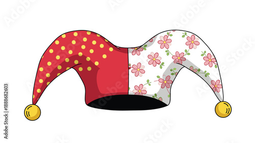 Whimsical jester hat with mismatched patterns featuring red polka dots and floral designs on opposite sides of the cap.