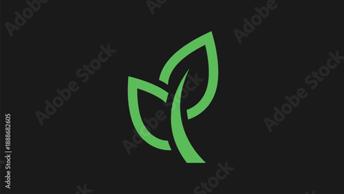 Simple green outline of two leaves symbolizing nature and ecology set against a solid black background for contrast.