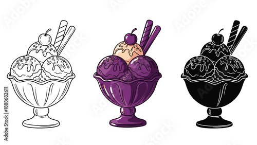 Trio of ice cream sundae illustrations shown in line art, purple color, and solid black silhouette styles for design.