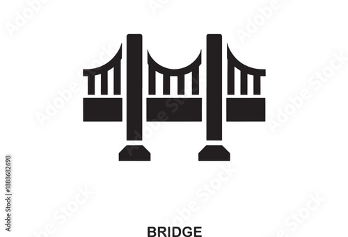 Black and white flat design icon of a suspension bridge with two towers and cables, representing connection and infrastructure.