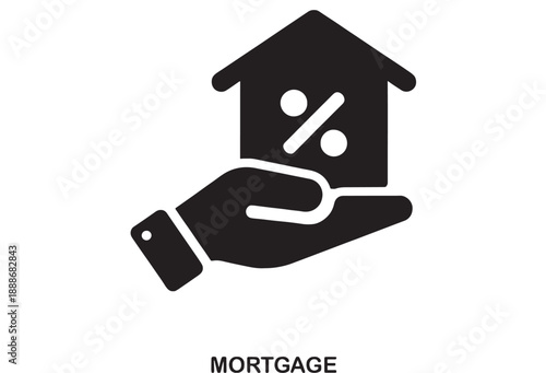 Black filled icon of a hand holding a house with a percentage symbol, representing mortgage or real estate financing options.