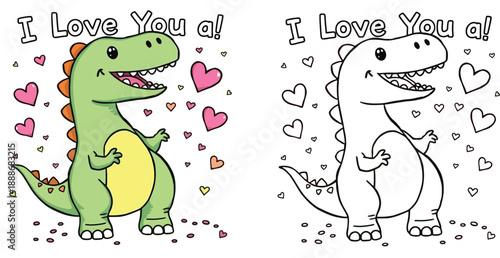 Adorable vector illustration set of cartoon dinosaurs Valentine's Day cards featuring a green T-Rex and a black and white coloring page outline featuring hearts and the words I Love You