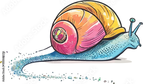 Colorful artistic snail vector illustration Hand drawn blue mollusk with yellow spiral shell and magical sparkling dust trail