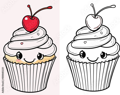 Cute cartoon cupcake vector illustration with cherry on top black and white outline style for coloring book page and kids design