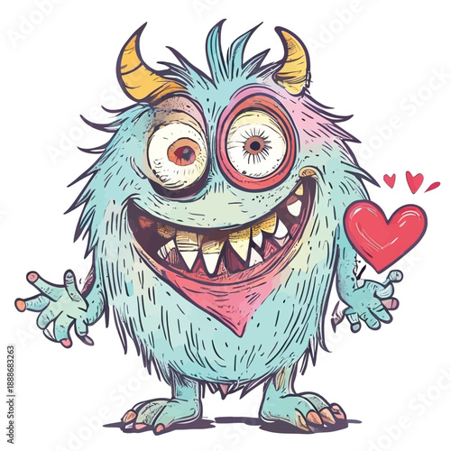 Funny hairy blue monster vector illustration holding a red heart  with big eyes and horns for Valentine's Day cards