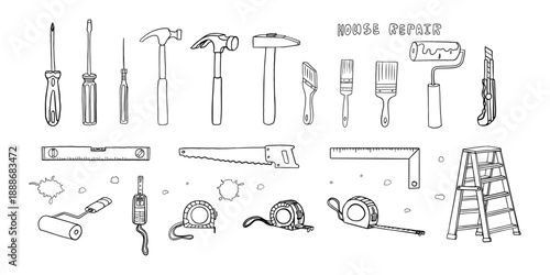 Set of house repair theme in doodle style. Hammer, spirit level, stepladder, tape measure, screwdriver, paintbrush, utility knife, paint roller, mallet, saw, level, awl, handsaw.