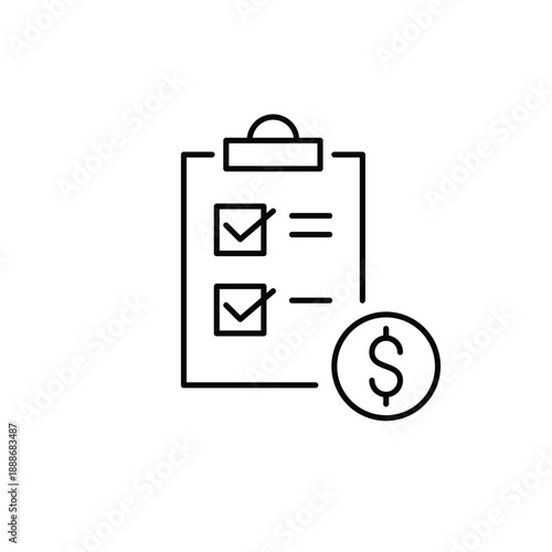 Checklist on clipboard and dollar. Budget planning cost, financial organization payment, expense tracking tool. Pixel perfect, editable stroke vector icon