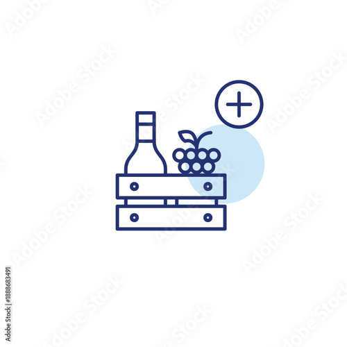 Wine bottle, grapes in crate and plus symbol. Product supply, farmer products. Pixel perfect, editable stroke vector icon