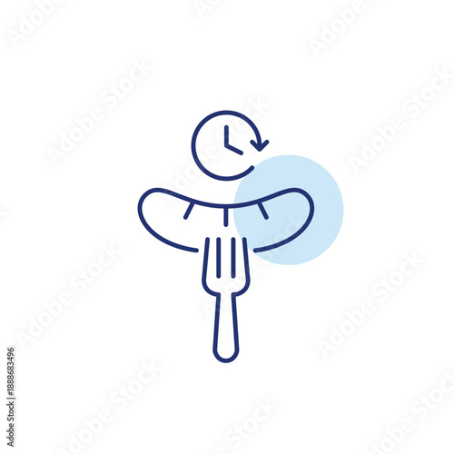 Beer sausage on fork and clock. Food scheduled delivery and meal pick-up on time. Pixel perfect, editable stroke vector icon