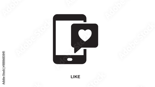 Black outline icon of a smartphone displaying a heart symbol in a speech bubble, representing social media likes and engagement.