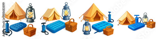 Camping gear collection with tents, lanterns, and accessories