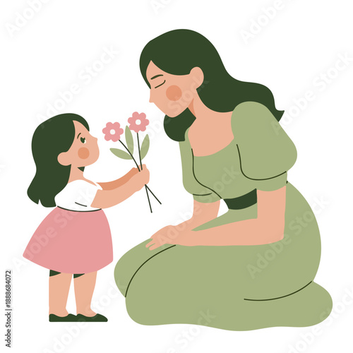 Vector illustration of a little daughter giving flowers to her mother. A touching scene of motherhood, love, and care. Great for Mother's Day cards.