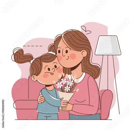 Cute vector illustration of a little daughter giving flowers to her mother. Happy Mother's Day concept, warm family hug in cozy home interior.