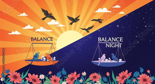 Balance in life day and night concept with swings and flowers harmony and duality illustration