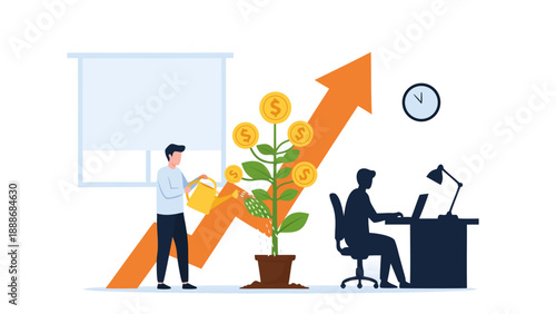 Vector illustration of business growth with people, graph, chart, plant, and progress arrow