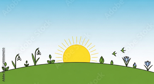 Sunrise over green hill with flowers and birds in flight serene landscape with yellow sun