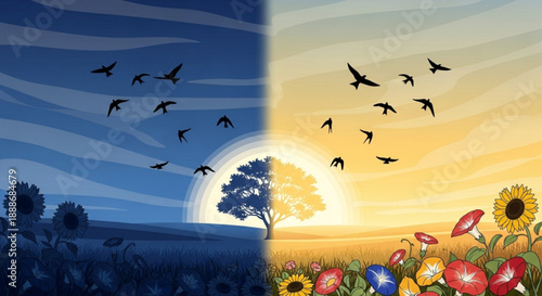 Split screen illustration of day and night with birds flying flowers blooming and tree silhouettes at sunrise