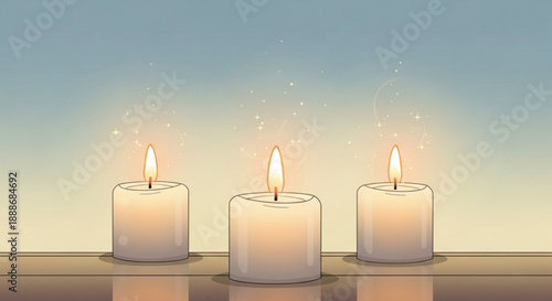 Three lit white candles on a table with a gradient background soft lighting peaceful ambiance serene atmosphere warm glow evening setting relaxation calmness tranquility